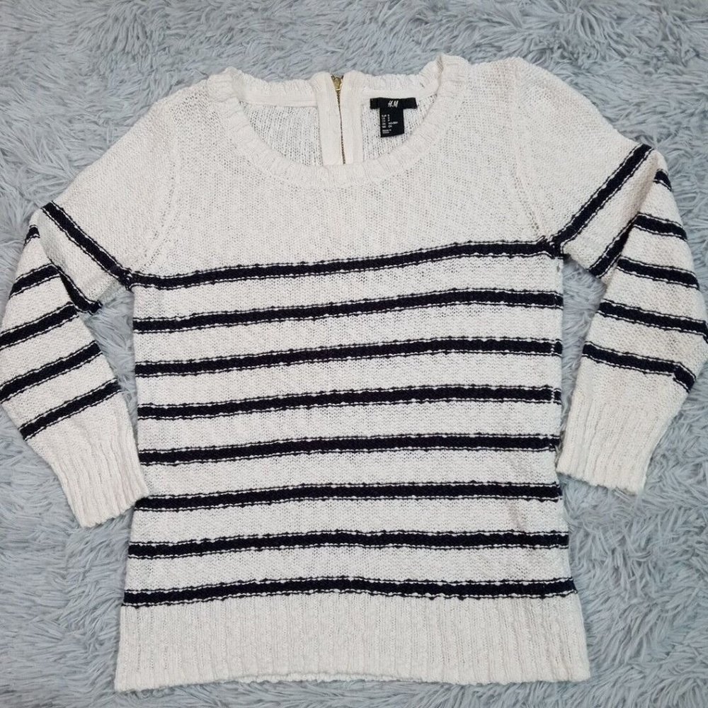 H &‎ M Womens Sweater White Small Stripes Zip Back Cotton Round Neck